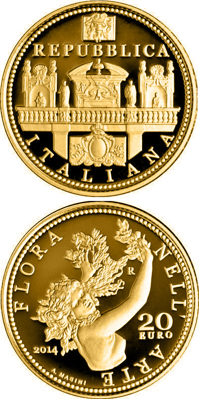 Image of 20 euro coin - Flora in the Art: Baroque | Italy 2014.  The Gold coin is of Proof quality.