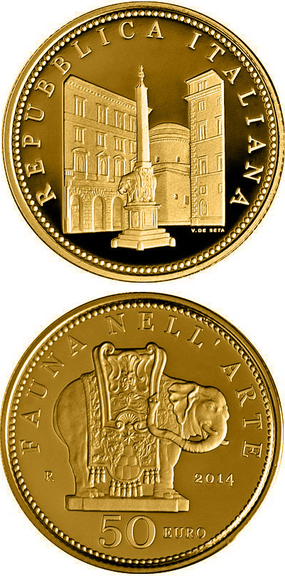 Image of 50 euro coin - Fauna in the Art: Baroque | Italy 2014.  The Gold coin is of Proof quality.