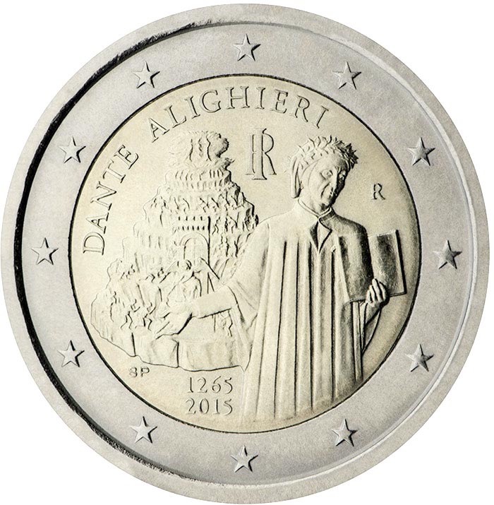 Image of 2 euro coin - 750th Anniversary of the Birth of Dante Alighieri | Italy 2015