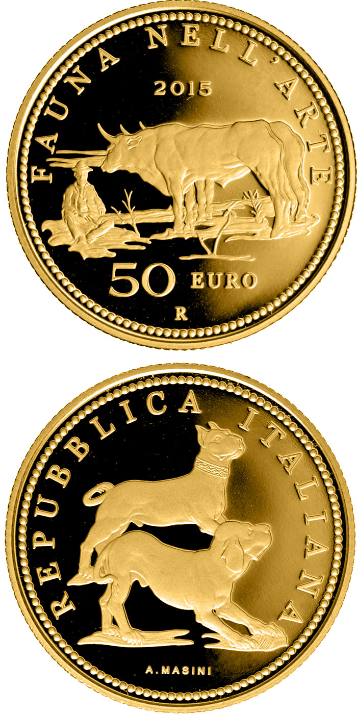 Image of 50 euro coin - Fauna in the Art: Neoclassicism  | Italy 2015.  The Gold coin is of Proof quality.