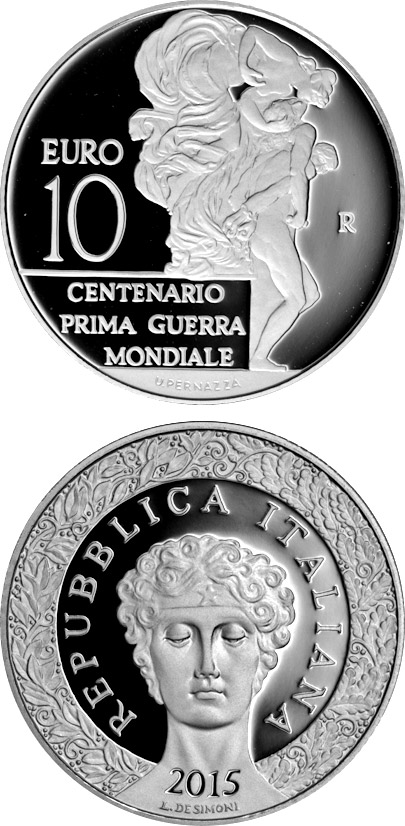 Image of 10 euro coin - 100 years First World War | Italy 2015.  The Silver coin is of Proof quality.