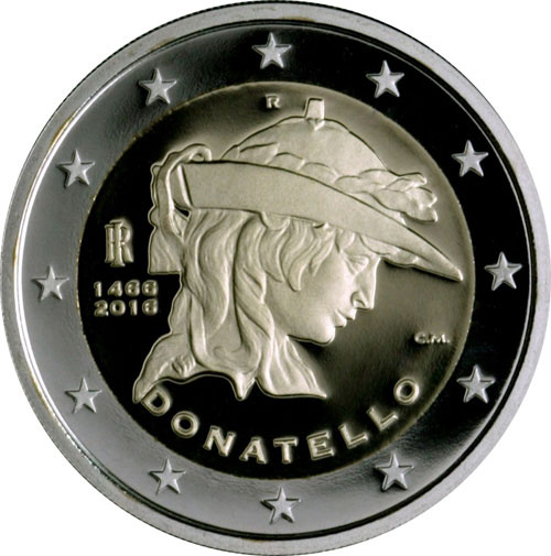 Image of 2 euro coin - 500th Anniversary of the Death of Donatello | Italy 2016