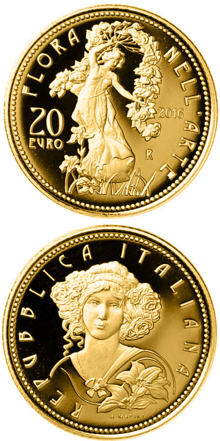 Image of 20 euro coin - Flora in the Art: Contemporary Age | Italy 2016.  The Gold coin is of Proof quality.