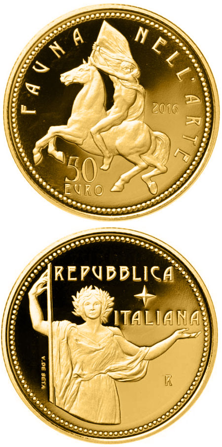 Image of 50 euro coin - Fauna in the Art: Contemporary Age | Italy 2016.  The Gold coin is of Proof quality.