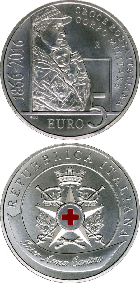 Image of 5 euro coin - 150 Years since the establishment of the Military Corps of the Italian Red Cross | Italy 2016