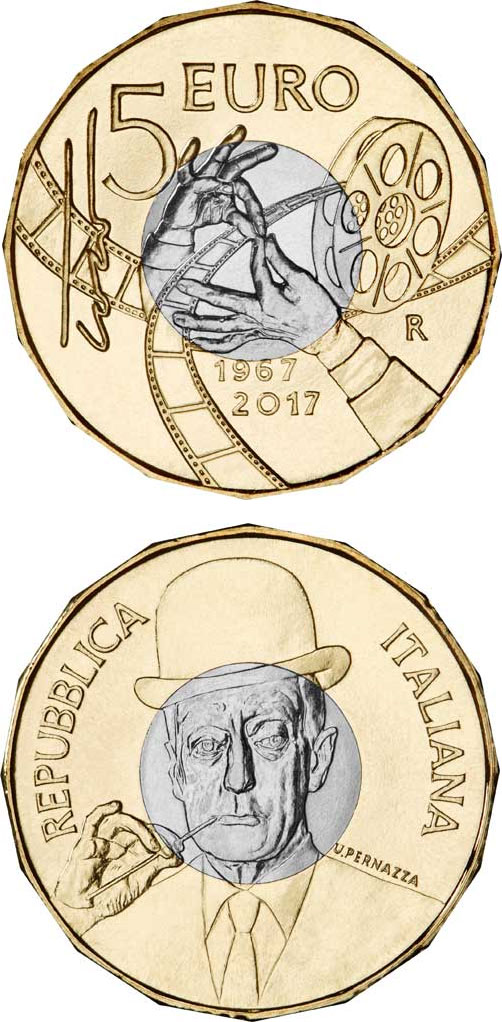 Image of 5 euro coin - Death of Toto 50 Years | Italy 2017.  The German silver (CuNiZn) coin is of BU quality.