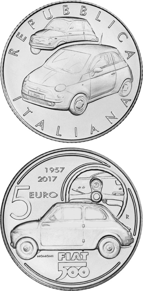 Image of 5 euro coin - 60 Years of Fiat | Italy 2017.  The Silver coin is of BU quality.