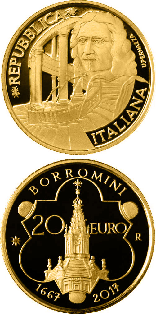 Image of 20 euro coin - 350th Anniversary Of The Purchase Of Francesco Borromini | Italy 2017.  The Gold coin is of Proof quality.
