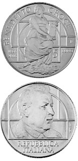 Image of 5 euro coin - 150th Anniversary it the Birth of Benedetto Croce | Italy 2017.  The Silver coin is of BU quality.