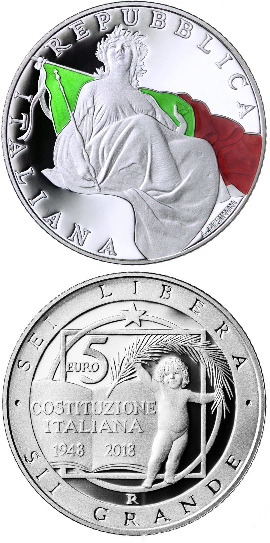 Image of 5 euro coin - 70 Years of Constitution of the Italian Republic | Italy 2018