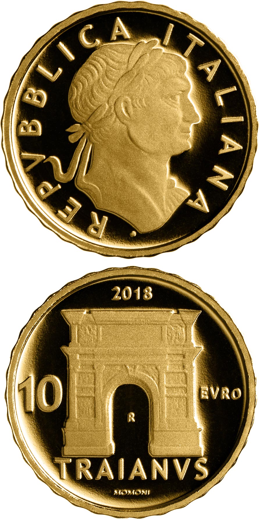 Image of 10 euro coin - Trajan | Italy 2018.  The Gold coin is of Proof quality.