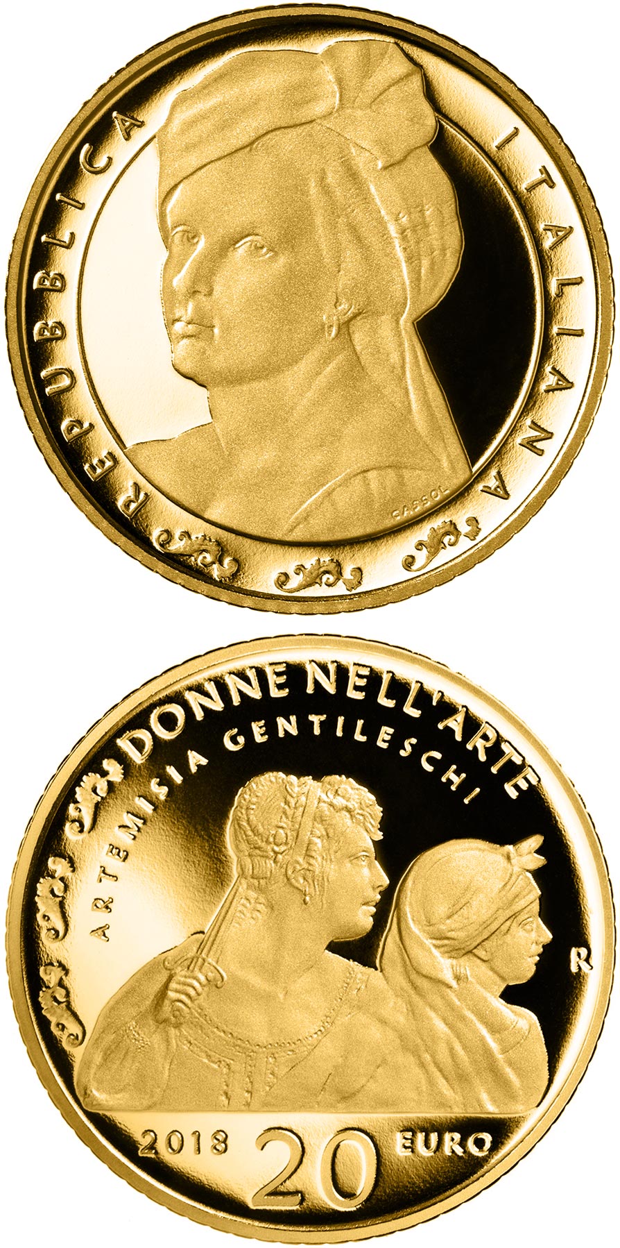Image of 20 euro coin - Artemisia Gentileschi | Italy 2018.  The Gold coin is of Proof quality.