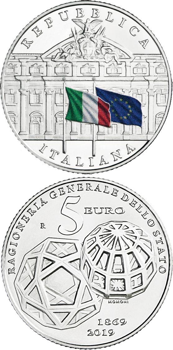 Image of 5 euro coin - 150th Anniversary of the foundation of the General Accounting Office of the State | Italy 2019.  The Silver coin is of BU quality.