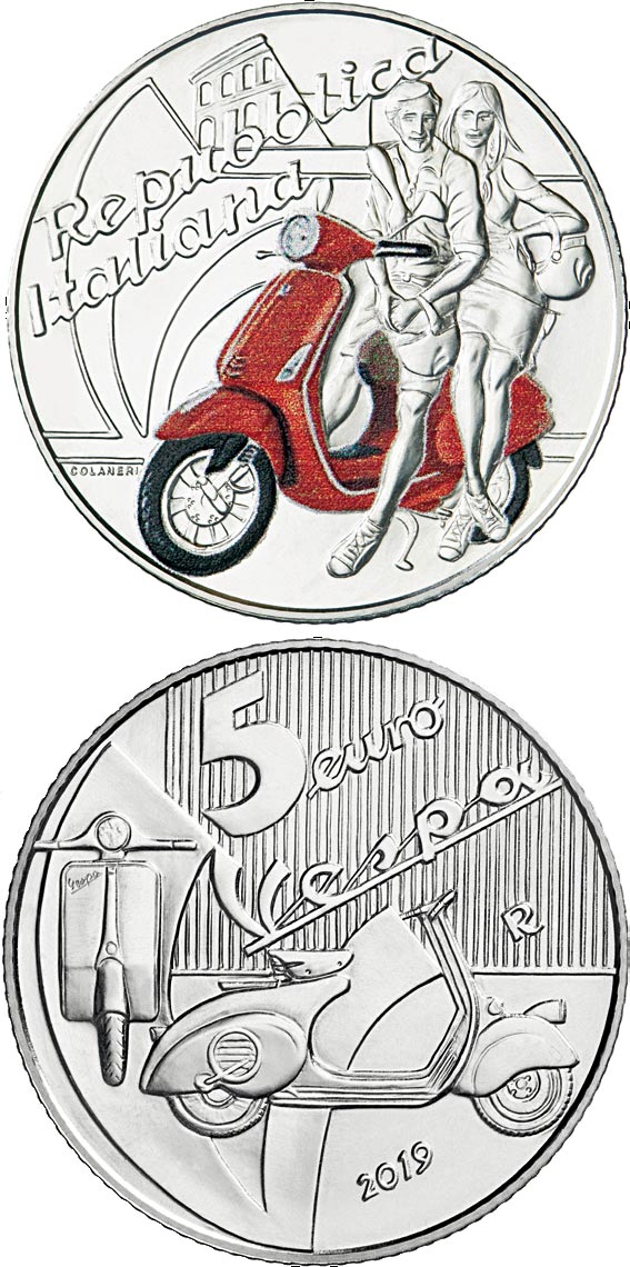 Image of 5 euro coin - Vespa | Italy 2019.  The Silver coin is of BU quality.