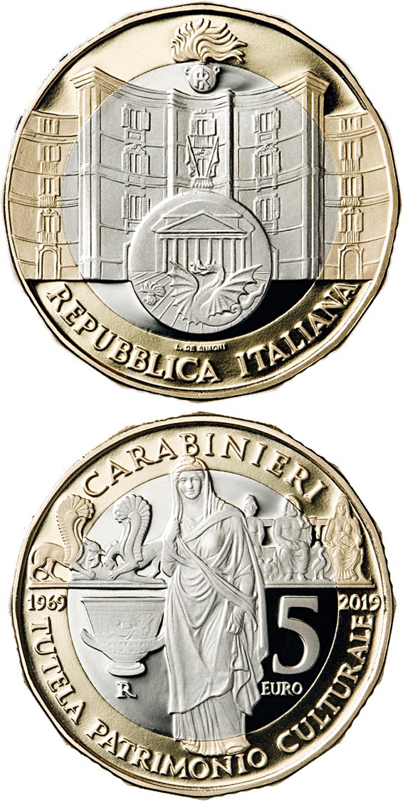 Image of 5 euro coin - 50th Anniversary of the foundation of the Carabinieri Command for the Protection of Cultural Heritage | Italy 2019.  The Bimetal: CuNi, nordic gold coin is of Proof quality.
