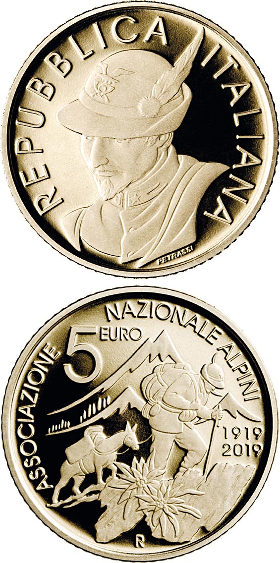 Image of 5 euro coin - Centenary of the National Alpine Association | Italy 2019.  The Bronze coin is of BU quality.