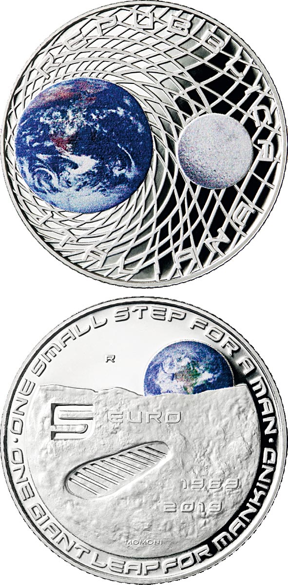 Image of 5 euro coin - 50th Anniversary of the Man on the Moon landing | Italy 2019