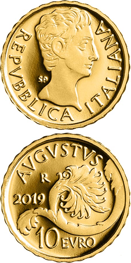 Image of 10 euro coin - Augusto  | Italy 2019.  The Gold coin is of Proof quality.