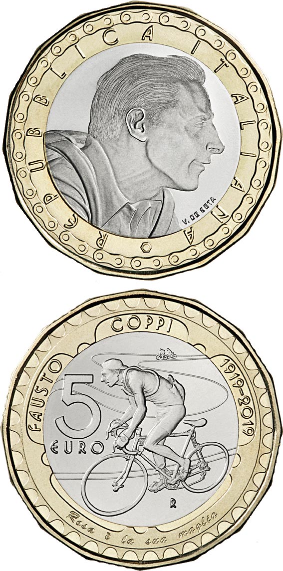 Image of 5 euro coin - 100th Anniversary of the birth of Fausto Coppi | Italy 2019.  The Bimetal: CuNi, nordic gold coin is of BU quality.