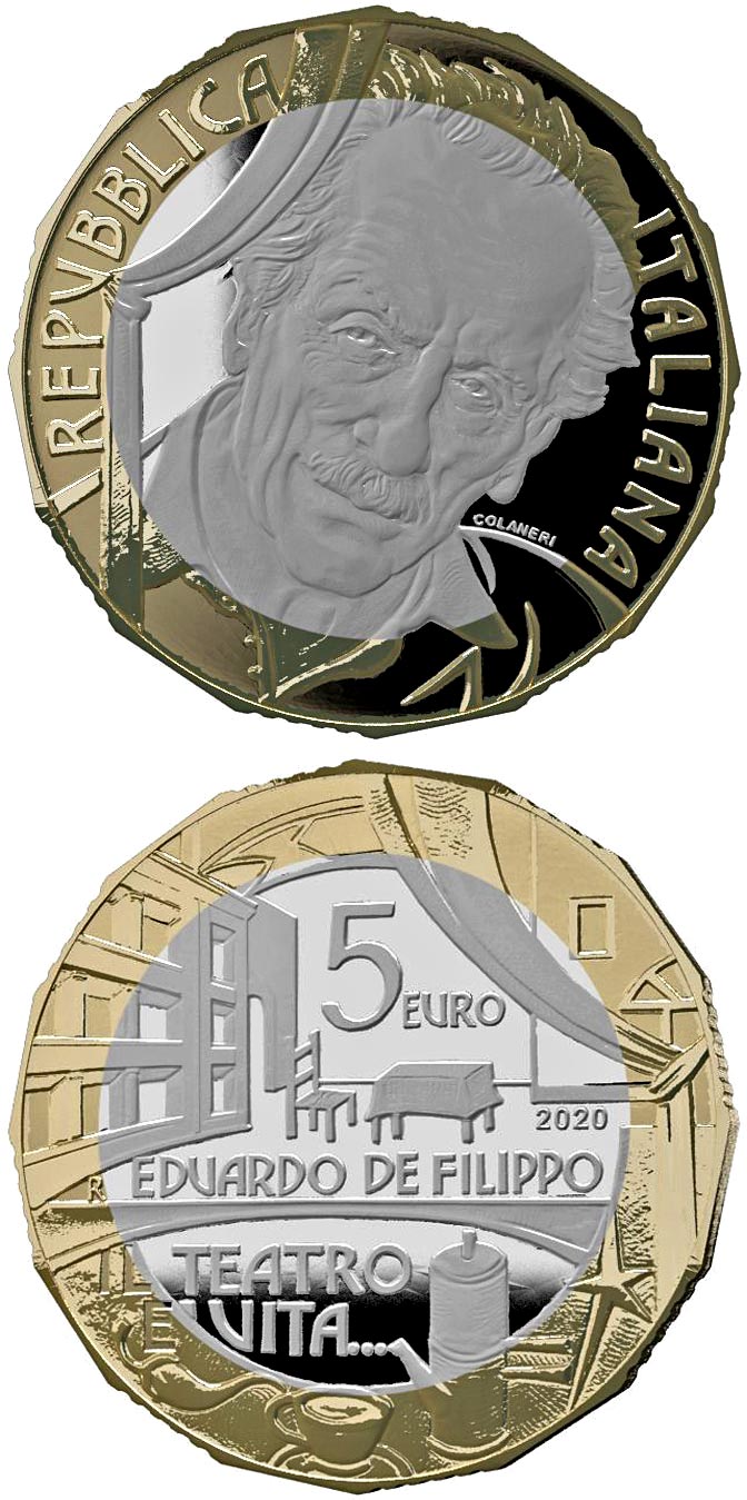 Image of 5 euro coin - Eduardo De Filippo | Italy 2020.  The Bimetal: CuNi, nordic gold coin is of Proof quality.