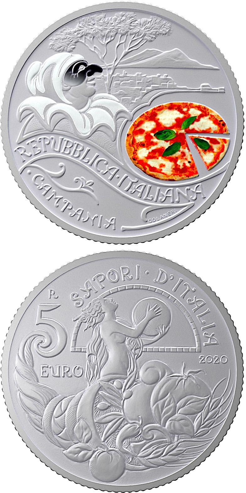 Image of 5 euro coin - Pizza and Mozzarella | Italy 2020.  The Copper–Nickel (CuNi) coin is of BU quality.