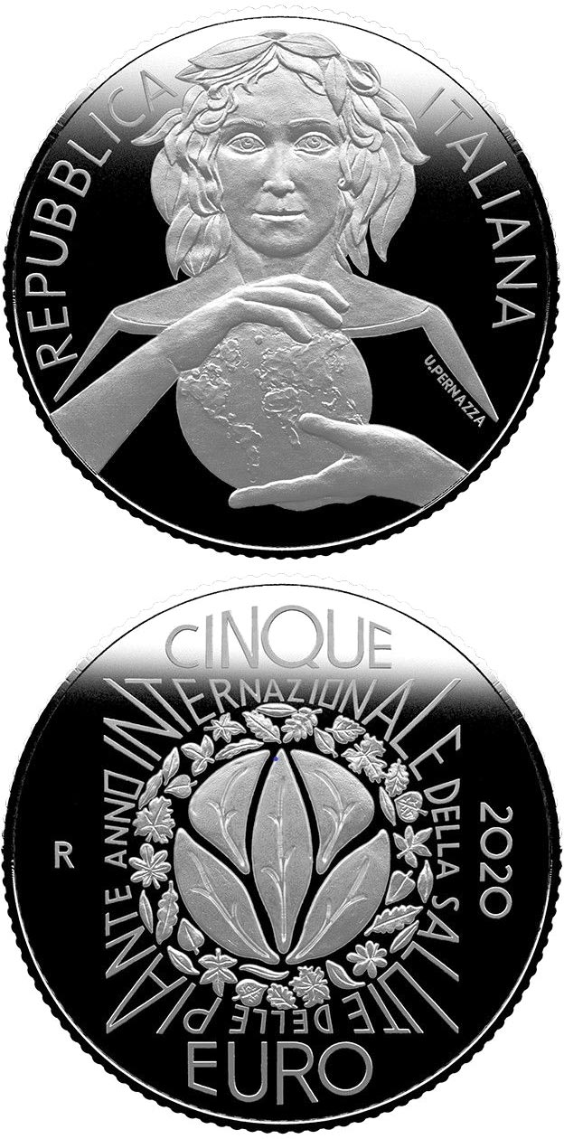 Image of 5 euro coin - International Year of Plant Health | Italy 2020.  The Silver coin is of Proof, BU quality.