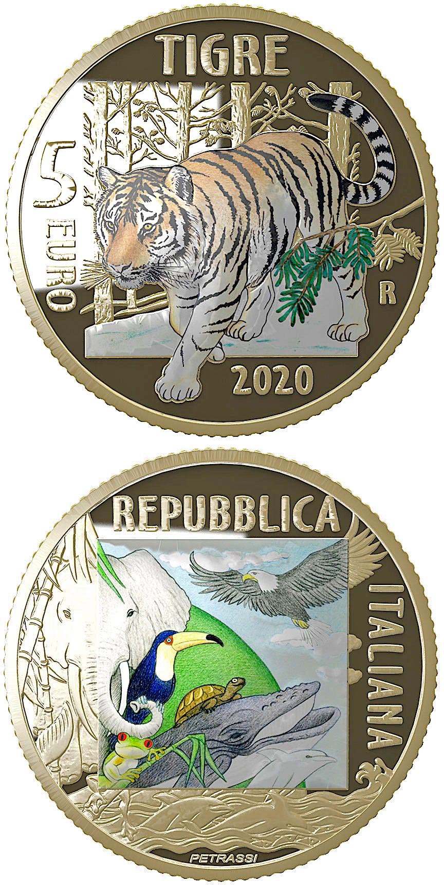 Image of 5 euro coin - Tiger | Italy 2020.  The Bronze coin is of Proof quality.