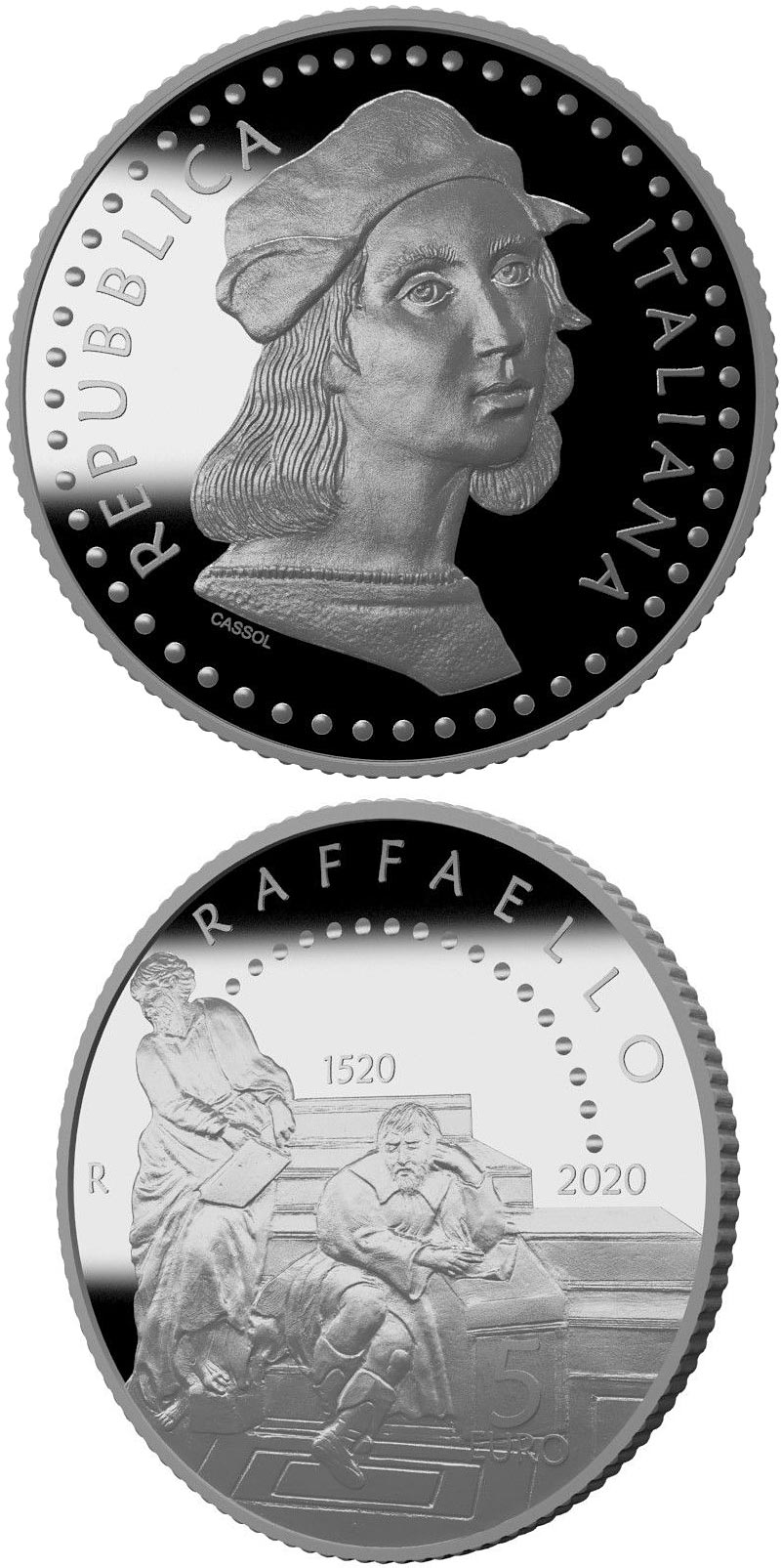Image of 5 euro coin - 500th Anniversary of the death of Raffaello Sanzio | Italy 2020.  The Silver coin is of Proof quality.