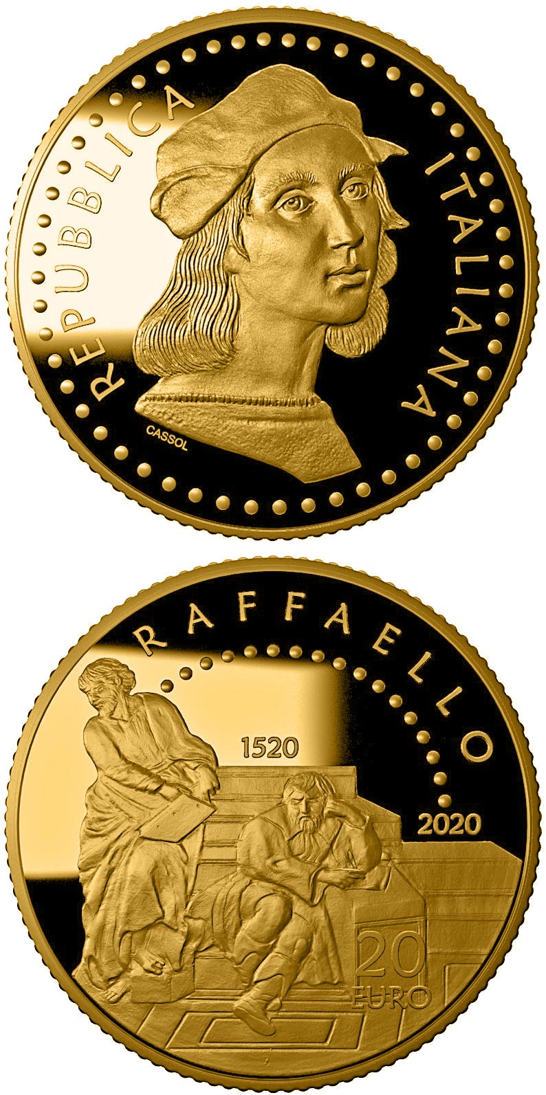 Image of 20 euro coin - 500th Anniversary of the death of Raffaello Sanzio | Italy 2020.  The Gold coin is of Proof quality.