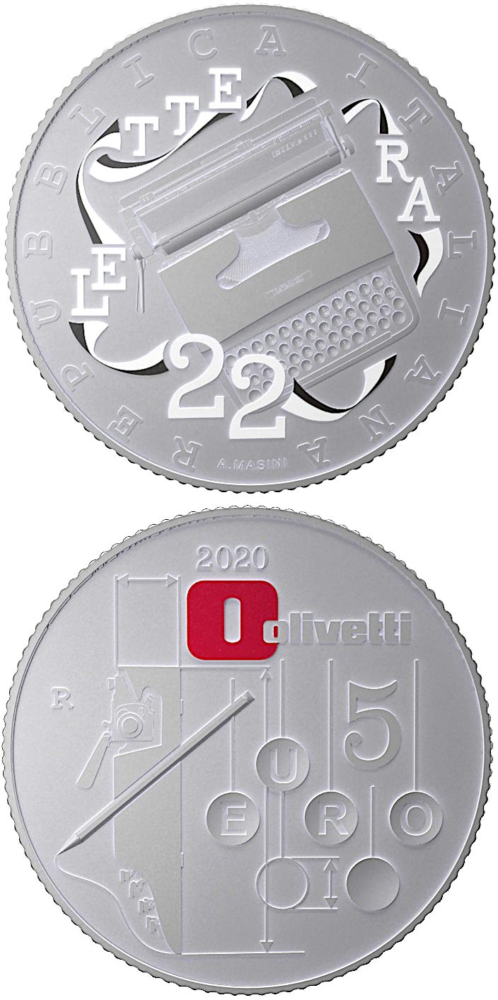 Image of 5 euro coin - Olivetti Lettera 22 | Italy 2020.  The Silver coin is of BU quality.