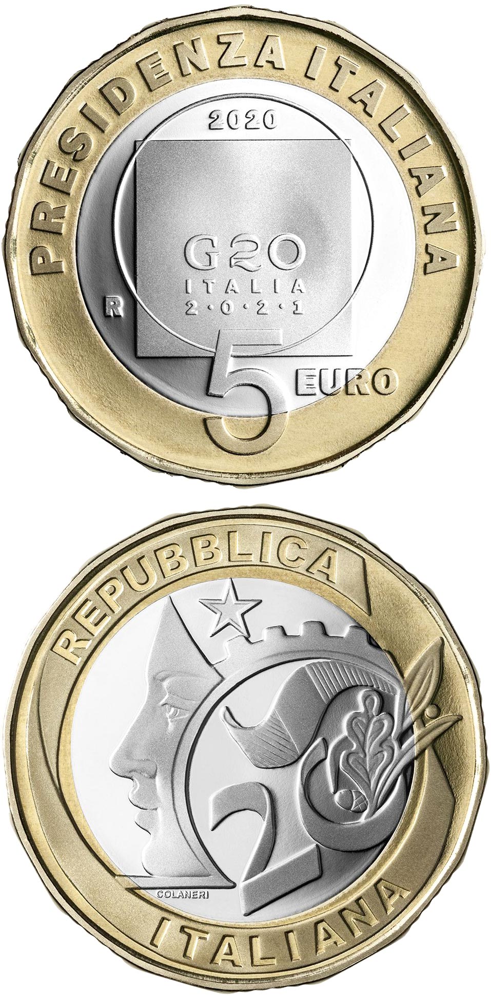 Image of 5 euro coin - the Italian Presidency of the G20 | Italy 2020.  The Bimetal: CuNi, nordic gold coin is of Proof quality.