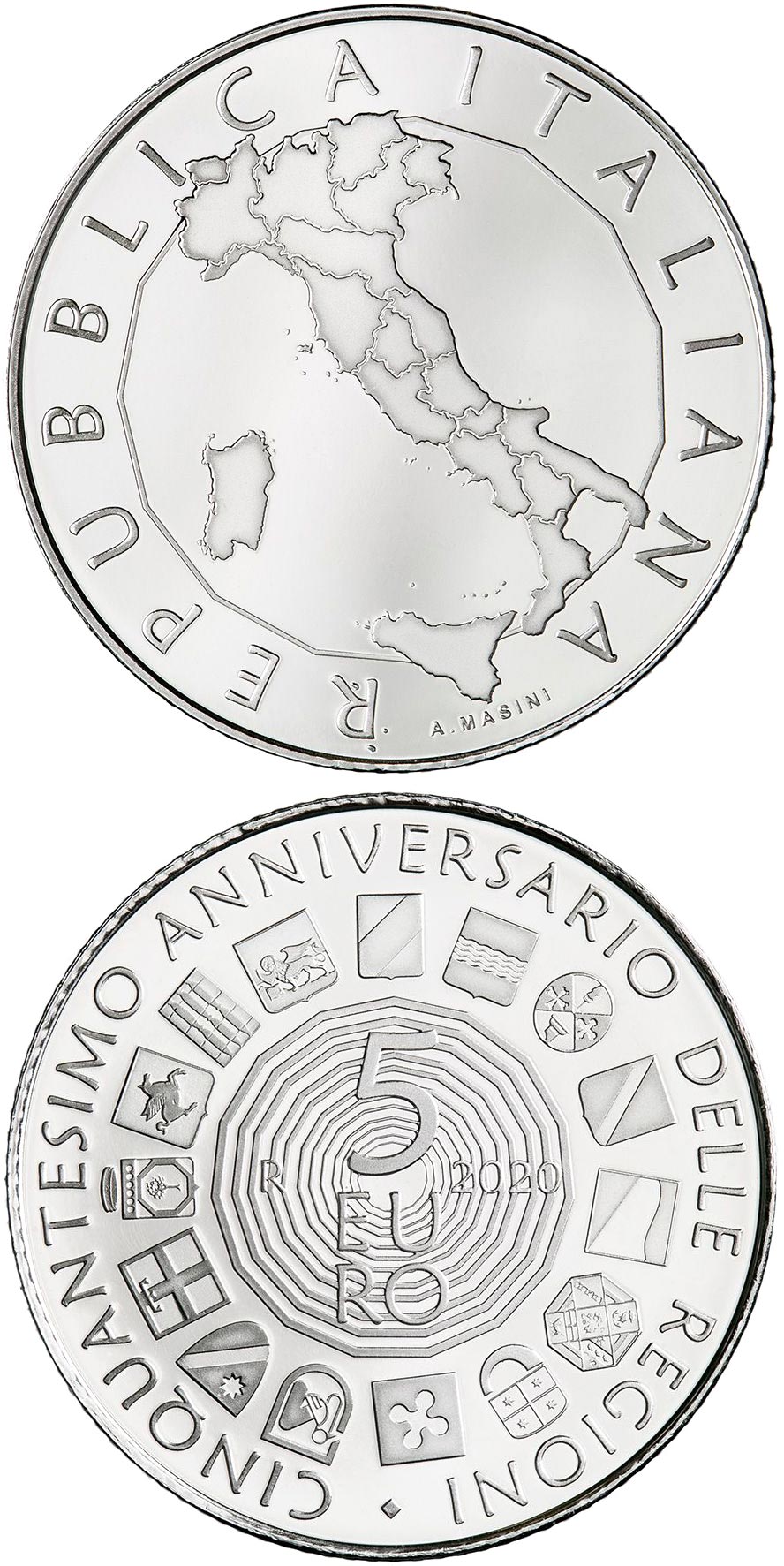 Image of 5 euro coin - 50th Anniversary of the establishment of the Regions with ordinary statute | Italy 2020.  The Silver coin is of BU quality.