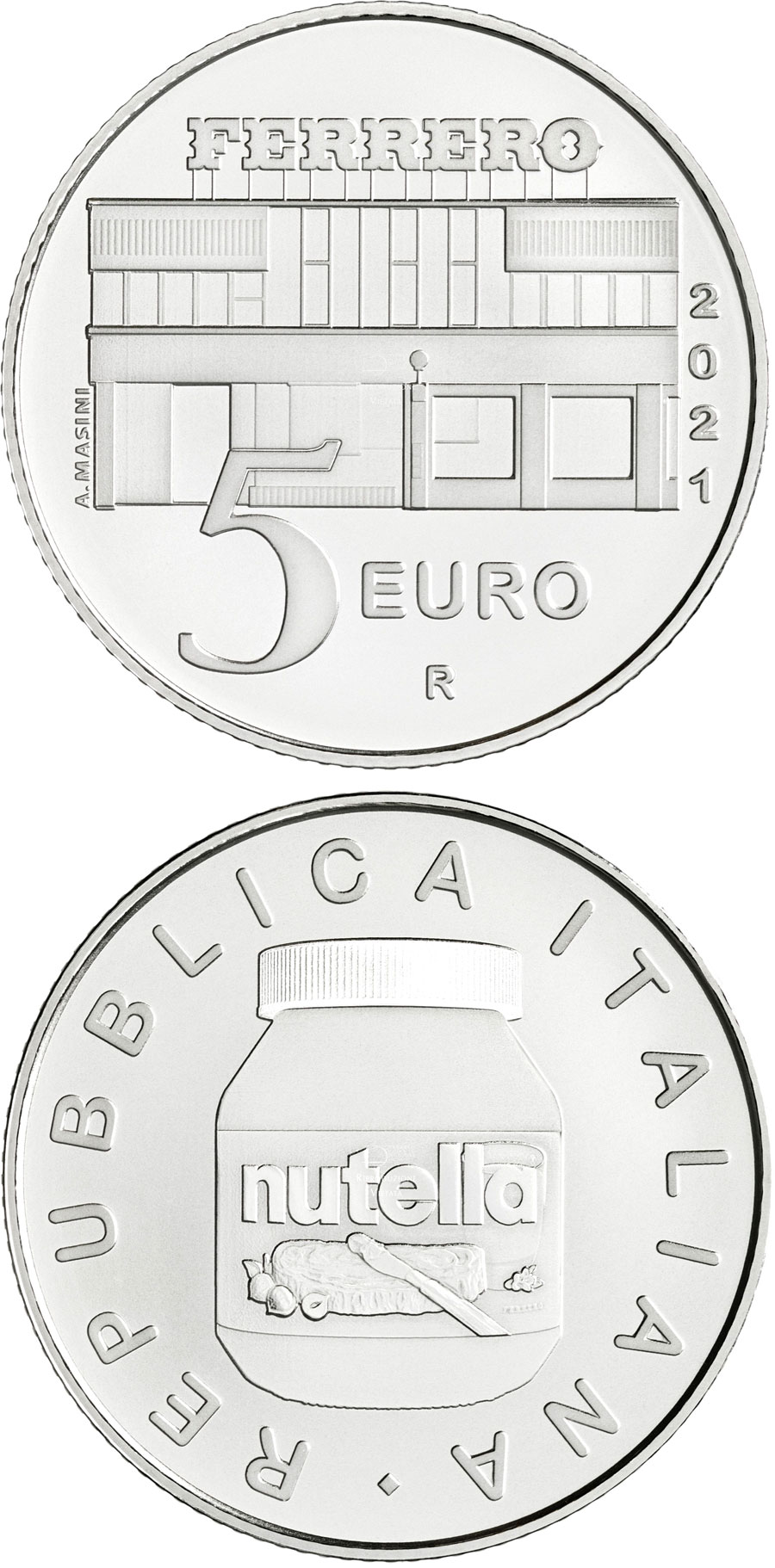 Image of 5 euro coin - NUTELLA® by the Ferrero Group | Italy 2021.  The Silver coin is of BU quality.