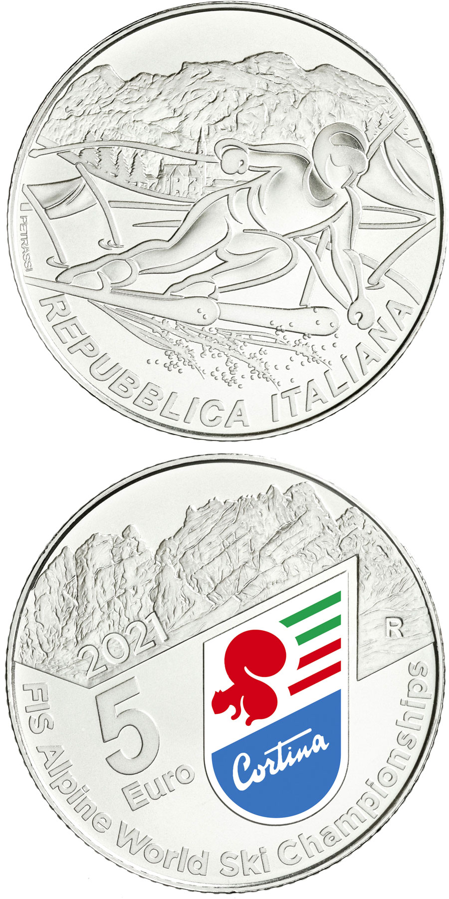Image of 5 euro coin - Alpine World Ski Championships 2021 | Italy 2021.  The Silver coin is of BU quality.