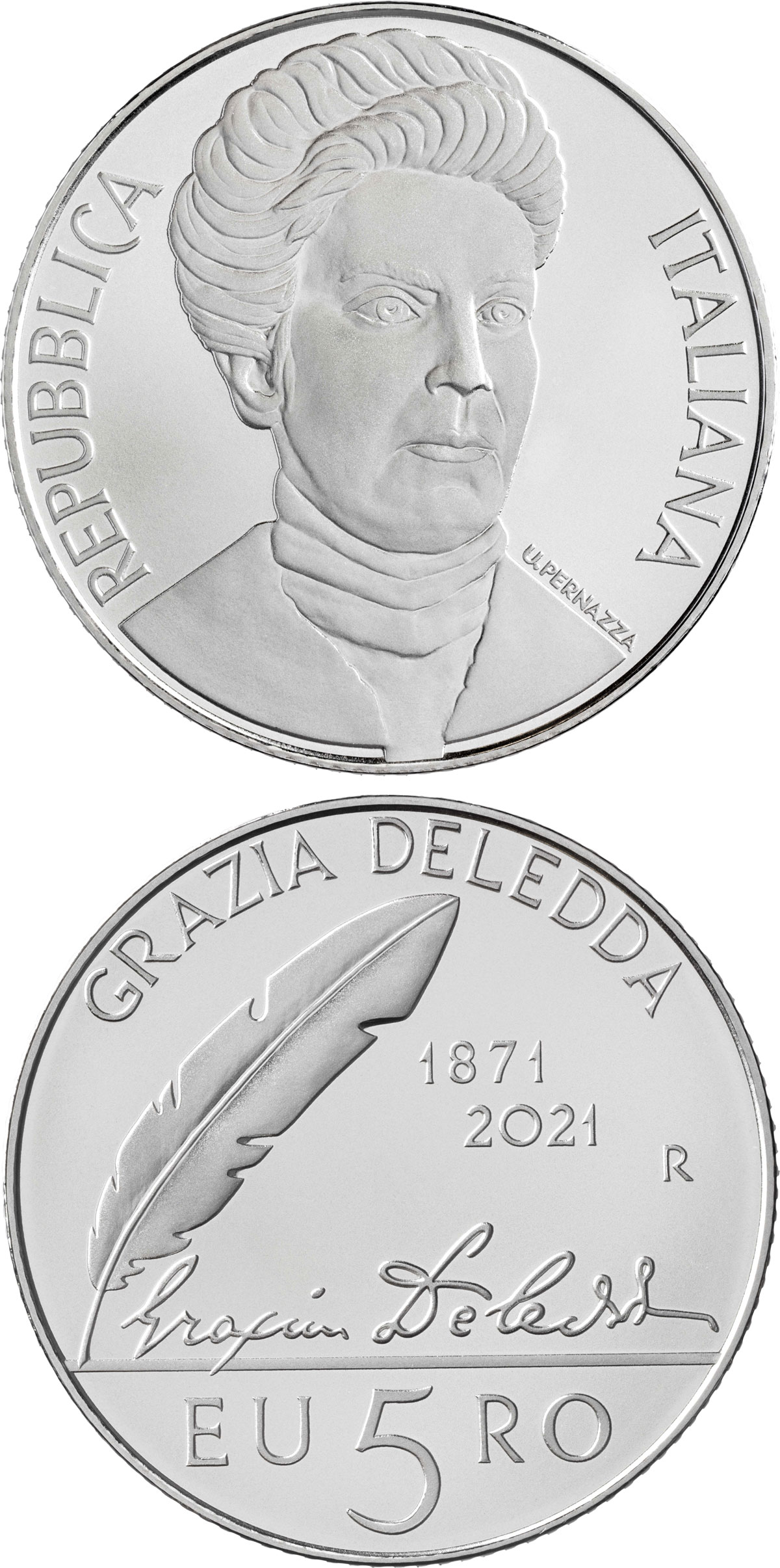 Image of 5 euro coin - 150th Anniversary of the birth of Grazia Deledda | Italy 2021.  The Silver coin is of BU quality.