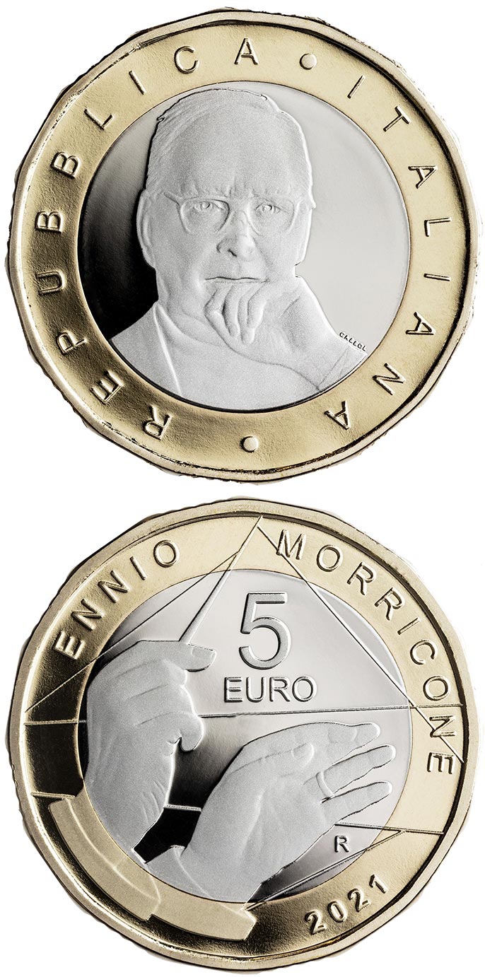 Image of 5 euro coin - Ennio Morricone | Italy 2021.  The Bimetal: CuNi, nordic gold coin is of Proof quality.