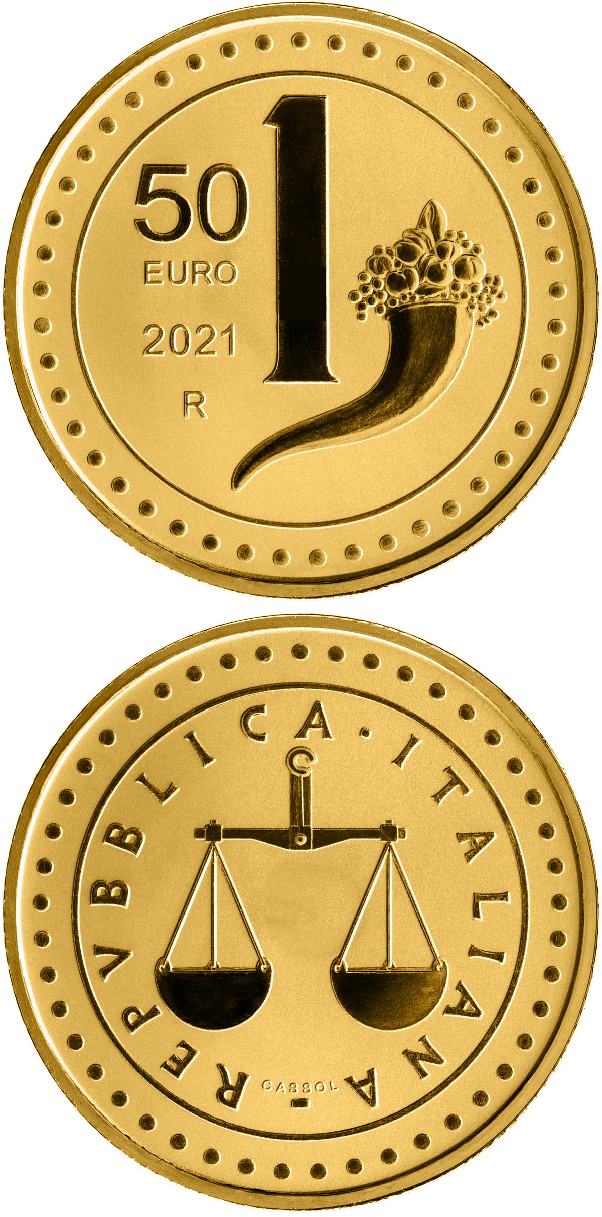 Image of 50 euro coin - The Heritage of Lira: 1 Lira | Italy 2021.  The Gold coin is of Proof quality.