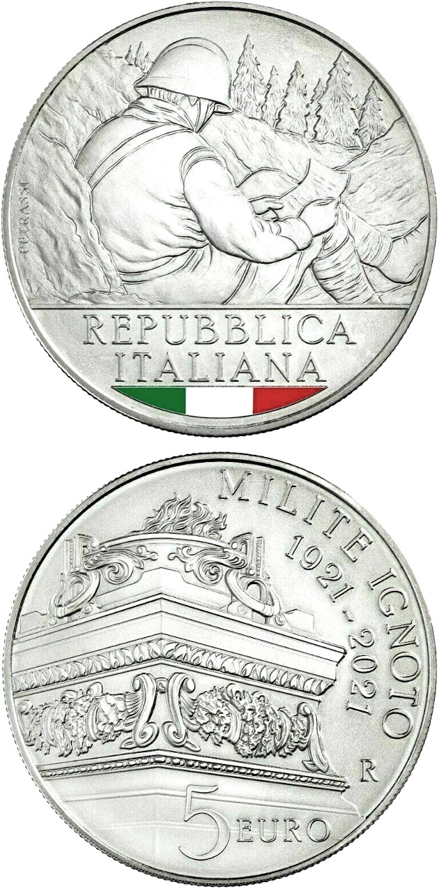Image of 5 euro coin - Centenary of the Unknown Soldier | Italy 2021.  The Silver coin is of BU quality.