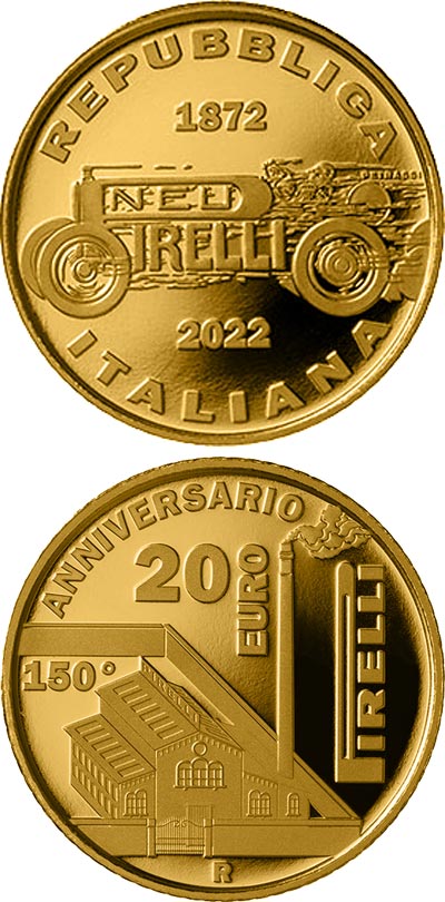 Image of 20 euro coin - 150th Anniversary of the foundation of Pirelli | Italy 2022.  The Gold coin is of Proof quality.