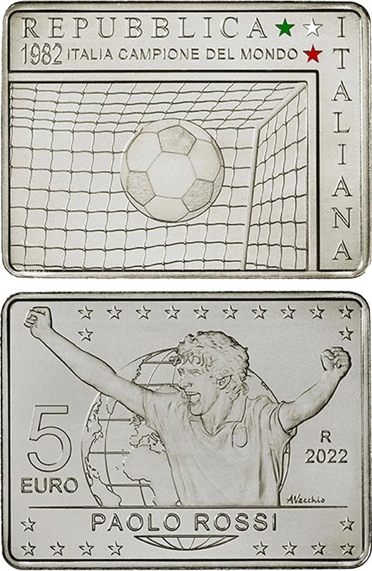 Image of 5 euro coin - 40 th Anniversary of Italy
World Champion - Paolo Rossi | Italy 2022.  The Silver coin is of BU quality.