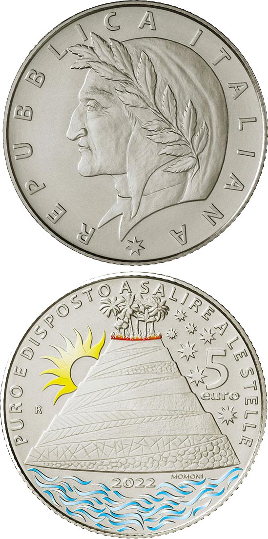 Image of 5 euro coin - 700th Anniversary of the death
of Dante Alighieri - Purgatorio | Italy 2022.  The Silver coin is of BU quality.