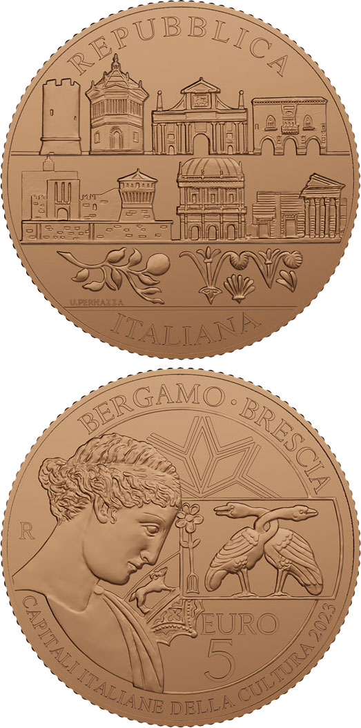 Image of 5 euro coin - Italian Cultural Capitals: Bergamo and Brescia | Italy 2023