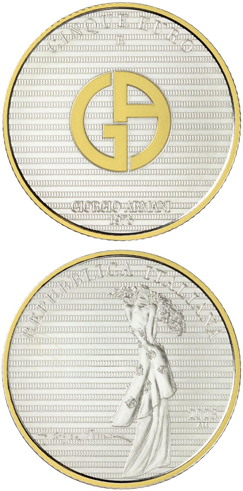 Image of 5 euro coin - Italian Excellences Series – Giorgio Armani | Italy 2023.  The Silver coin is of BU quality.