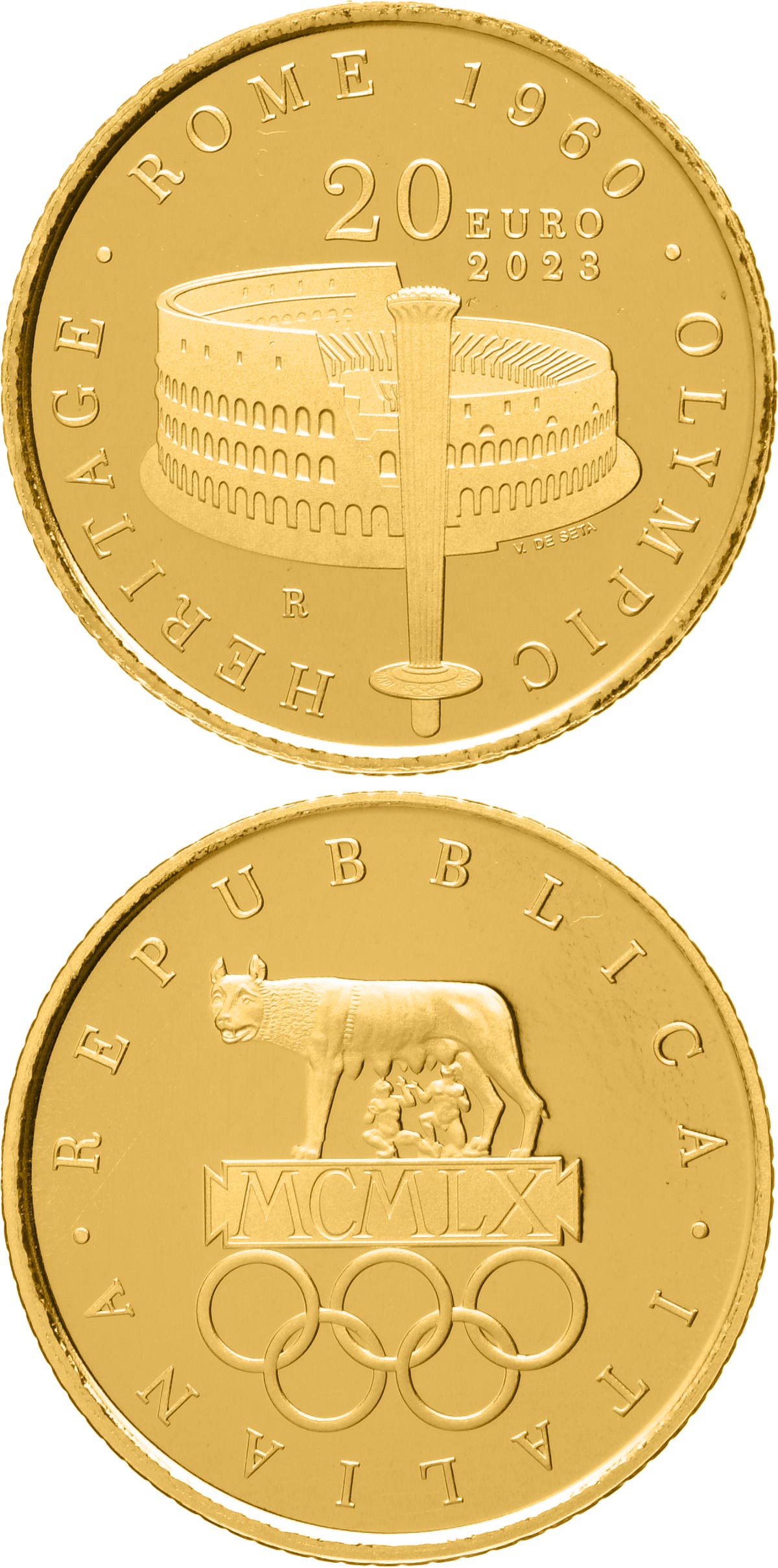 Image of 20 euro coin - The History of the Olympic Games in Italy: Rome 1960
 | Italy 2023.  The Gold coin is of Proof quality.