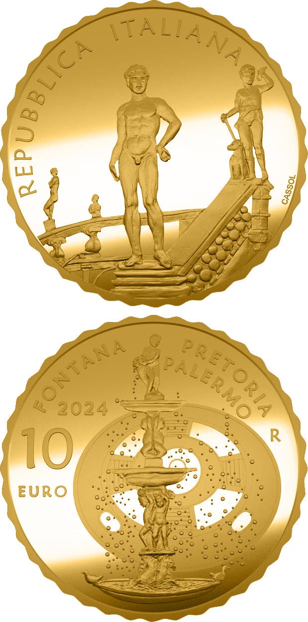 Image of 10 euro coin - Fontana Pretoria - Palermo | Italy 2024.  The Gold coin is of Proof quality.