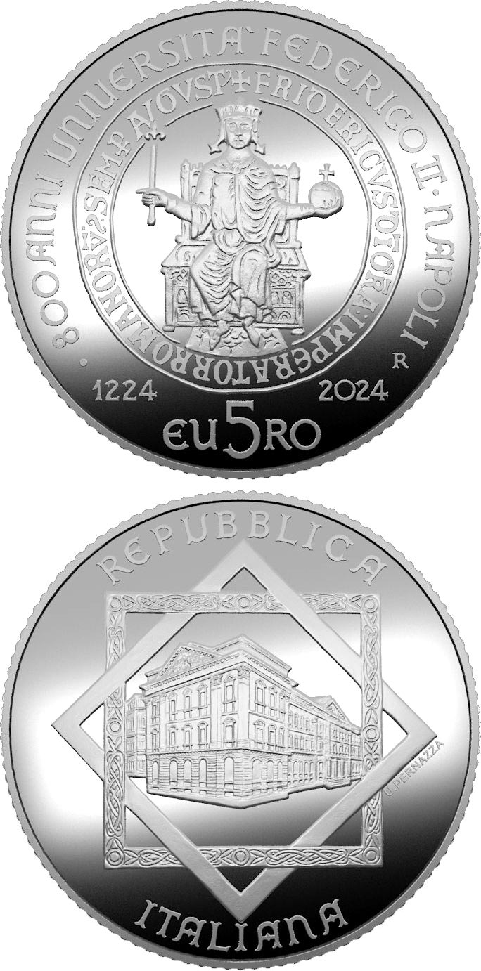 Image of 5 euro coin - 800th Anniversary of the foundation of the University of Naples Federico II | Italy 2024.  The Silver coin is of BU quality.
