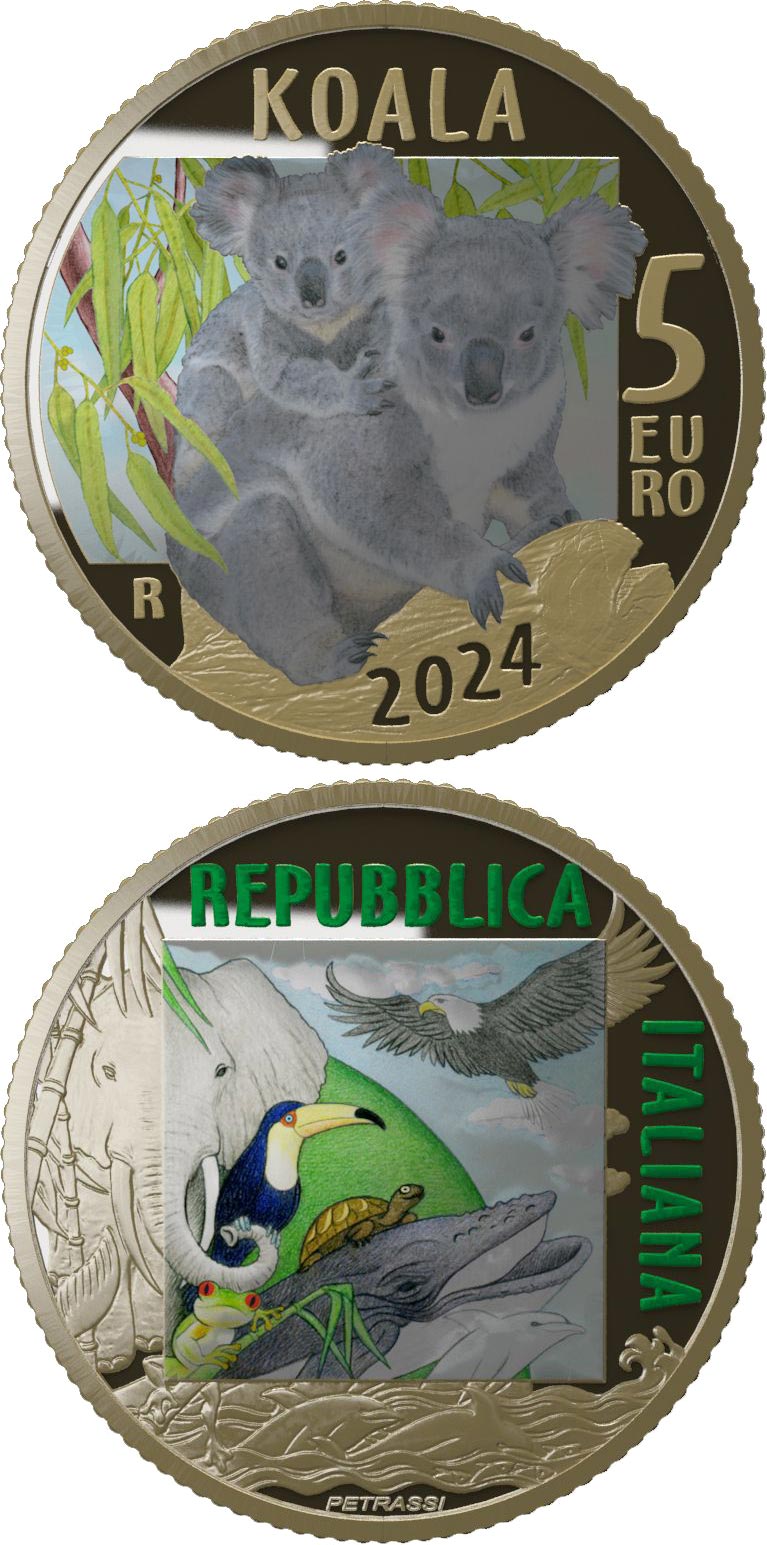 Image of 5 euro coin - Koala | Italy 2024.  The Bronze coin is of Proof quality.