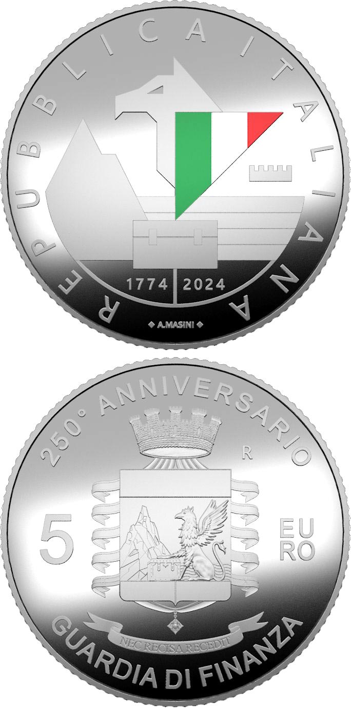 Image of 5 euro coin - 250th Anniversary of the foundation of the Guardia di Finanza | Italy 2024.  The Silver coin is of Proof quality.