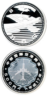 Image of 500 yen coin - The Opening of CHUBU CENTRAIR International Airport  | Japan 2005.  The Silver coin is of Proof quality.