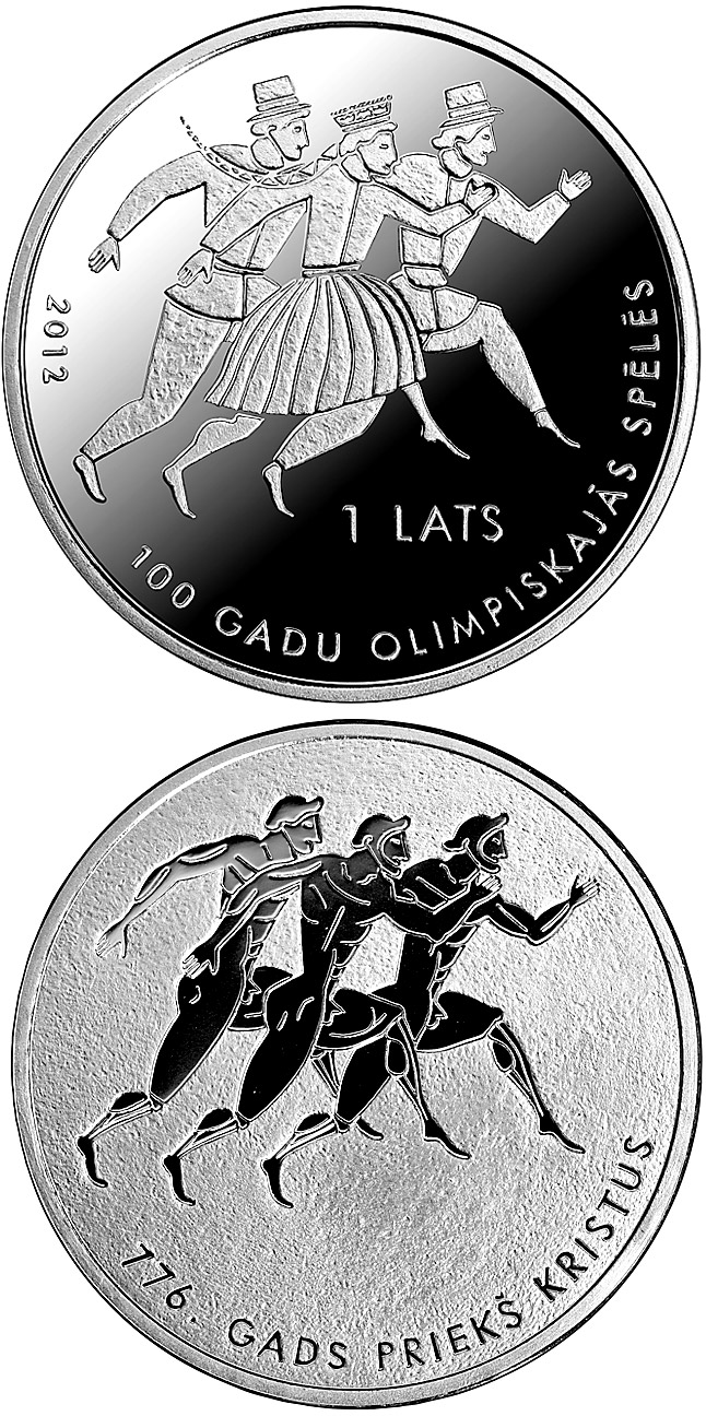 Image of 1 lats coin - 100 years in Olympic Games | Latvia 2012.  The Silver coin is of Proof quality.